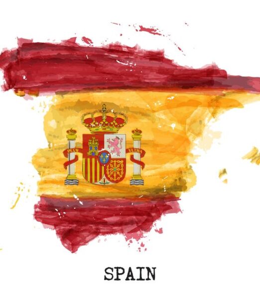 Descargar Diseño de pintura de acuarela de bandera de España_ forma del mapa del país